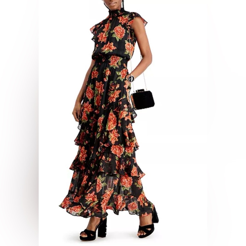 RACHEL Rachel Roy whimsy bohoBlack Maxi Dress with Orange Floral Print